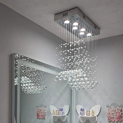 Modern Wave Rectangular Crystal Raindrop Chandelier With Chrome Finish Flush Mount Pendant Lighting for Dining Room
