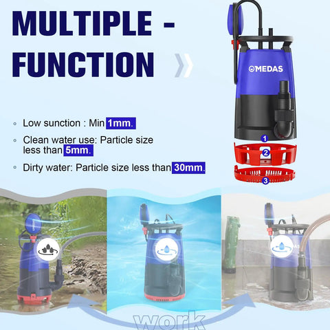 1HP 750W Heavy Duty Submersible Sump Pump with 3 in 1 Clean Dirty Water Modes and Float Switch in multiple functions demo