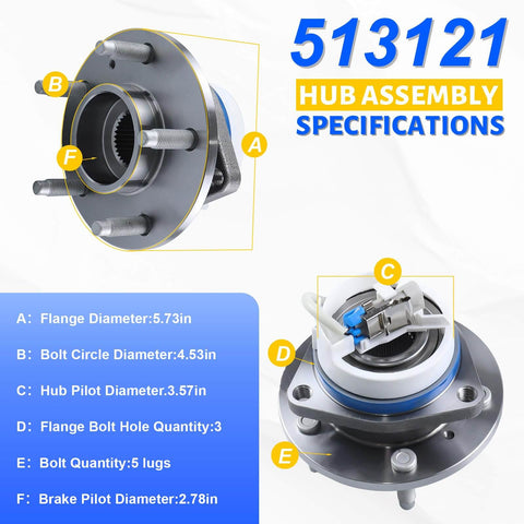 Diagram of 2 Pack Front Wheel Hub Bearing Assembly 513121 5-Lug Compatible with Buick Allure, showing key specifications and dimensions