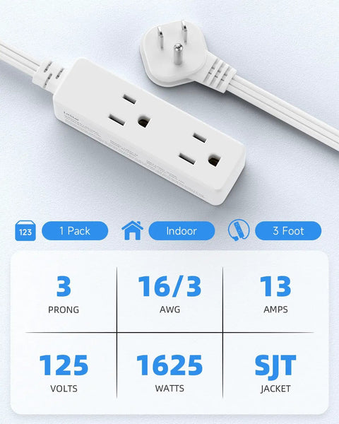 Flat Plug Extension Cord With 3 Outlets For Indoor Use, Low Profile White 3 Ft Power Strip With 3 Prongs Grounded, 16/3 AWG, 13A