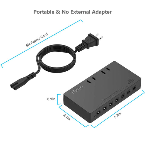 7 Way Isolated Guitar Pedal Power Supply With 9V 100mA Ports For Six Pedals And 9V 300mA Port For One, dimensions and power cord shown