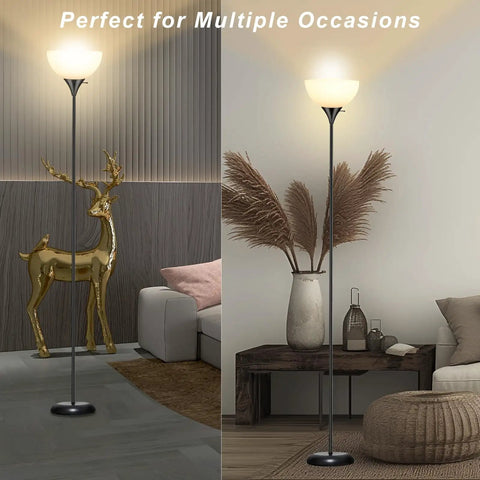 Industrial Metal Tall LED Floor Lamp With Drop-Resistant White Lampshade, Rotary Switch displayed in elegant living room setup