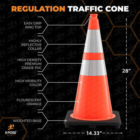 Orange 28 Inch Traffic Cones With 6 Inch And 4 Inch Collars Four Pack Heavy Duty Rugged PVC Safety Cones For Parking Soccer Caution Construction Kids DOT Approved diagram