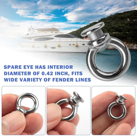 Easy Docking Fender Bumper Clips For Boats Stainless Steel Eyelets 4 Pack Silver No Fuss Boat Fender Hanger Clips shown with boat