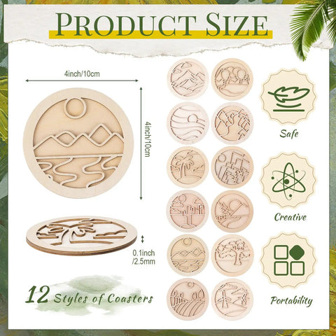 12 Pcs Wooden Coasters Craft Kit Paint Your Own Coaster Set With Landscape Prints For Adults And Beginners Diy Coaster Kit Mandala Art Supplies With Cork Pads Acrylic Paint 12 Colors 2 Brushes And Palette - 12 styles of wooden coasters with landscape designs, 4 inch diameters.