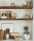 Floating Wall Shelves Set of 2, Extra Long 35.4 Inch Wide by 9.3 Inch Deep, 1.5 Inch Thick MDF Rustic Brown with Steel Brackets, decorated with books and decor