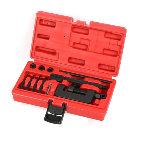 Front view of red 13-piece motorcycle chain breaker tool kit in a plastic case with black metal tools