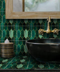 Holographic Emerald Art Deco Peel And Stick Backsplash Tiles Self Adhesive PVC Wall Tiles for Kitchen with brass faucet