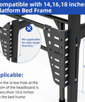 Heavy Duty Headboard Brackets For Metal Bed Frame With Adjustable Multi Slot Design mounting on a platform bed frame, showing size compatibility.