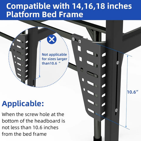 Heavy Duty Headboard Brackets For Metal Bed Frame With Adjustable Multi Slot Design mounting on a platform bed frame, showing size compatibility.