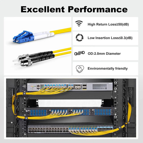 Close-up of Smooth As Butter OS2 Single Mode Fiber Patch Cable LC UPC To ST UPC Duplex Connectors with server rack setup.