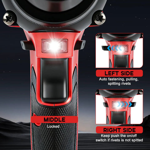 Gpaentsn Cordless Rivet Gun Compatible With Milwaukee M18 Tool Only 1/8 To 3/16 Inches Rivets close-up view of control panel and lighting features.