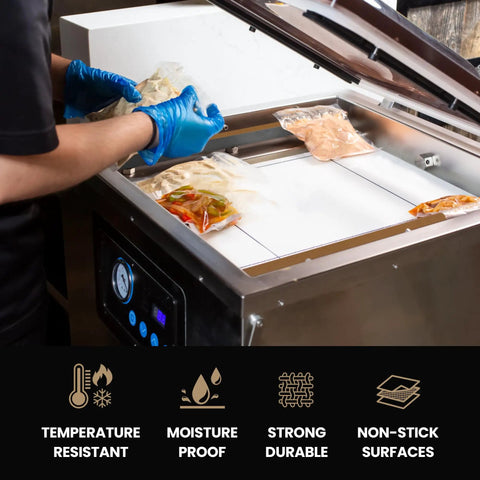 Person using vacuum sealer with Heavy Duty High Temperature PTFE Tape For Vacuum Sealer Machine 1 Inch By 33 Feet Heat Resistant Up To 500 F 260 C Perfect For Sealing, Packaging, Thermoplastics, Electronics And Electrical Jobs.