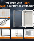IP67 Waterproof Outdoor Junction Box Enclosure with hinged clear cover, mounting plate, lockable hole, and steel wall brackets.
