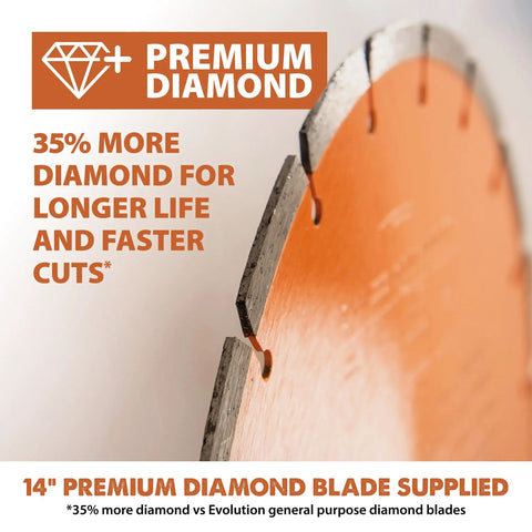Close-up of 14-inch premium diamond blade highlighting increased diamond content on R14DCT 14 Inch Electric Concrete Saw.