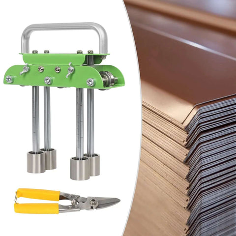 Pro Grade Green V Shaped Hand Sheet Metal Bender With Edge Bead Roller next to metal roofing panels and yellow-handled snips.