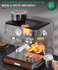 All-In-One 58mm Espresso Machine With Built-In Grinder And Milk Steam Wand, 15 Bar, Stainless Steel, dual heating system visible