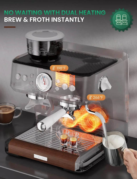 All-In-One 58mm Espresso Machine With Built-In Grinder And Milk Steam Wand, 15 Bar, Stainless Steel, dual heating system visible