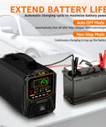Kick Your Dead Battery Back In Gear With This Heavy Duty 12V 24V Smart Charger 0 To 15 Amps Automatic Trickle Maintainer Auto Shutoff For Agm Gel Deep Cycle Batteries connected to car battery with clamps.