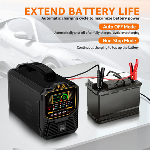 Kick Your Dead Battery Back In Gear With This Heavy Duty 12V 24V Smart Charger 0 To 15 Amps Automatic Trickle Maintainer Auto Shutoff For Agm Gel Deep Cycle Batteries connected to car battery with clamps.