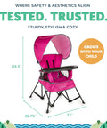 Go With Me Venture Portable Toddler Chair With Sun Canopy, Pink, foldable travel seat for beach, park, camping shown with dimensions