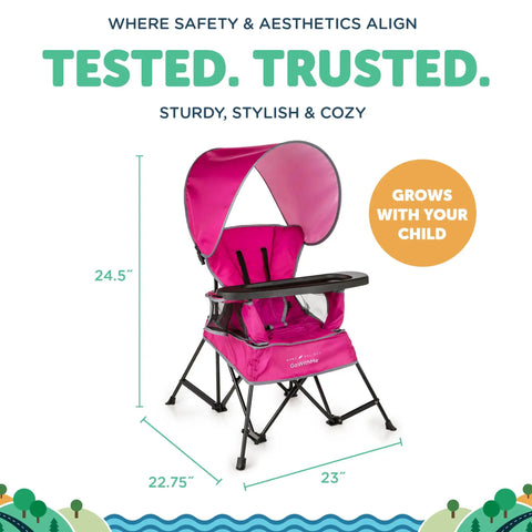 Go With Me Venture Portable Toddler Chair With Sun Canopy, Pink, foldable travel seat for beach, park, camping shown with dimensions