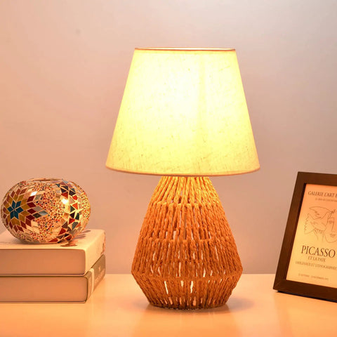 Natural Jute Rope Table Lamp With Boho Farmhouse Coastal Vibe For Bedroom Living Room Dining Room And End Table Lamp glowing on a nightstand