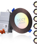 Slim 4 Inch 5CCT Recessed LED Downlight Kit with J Box Canless Aluminum Dimmable from 5 to 100 Percent ETL Listed Oil Rubbed Bronze Finish 2700K to 5000K Pack of 6 with visible light settings and connectors