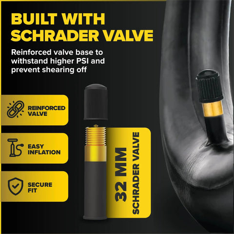 Fat Bike Inner Tube Set 20x3.0 With Schrader Valve 2 Pack, Heavy Duty Butyl Tubes For Mountain Gravel City And Electric Bikes Built To Resist Pinch Flats And Keep You Rolling On Trails Streets And Commutes. 32mm valve close-up