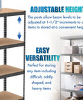 Adjustable height feature of Commercial Grade Four Tier Boltless Shelving Rack Built Like A Tank With Solid 14 Gauge Steel.