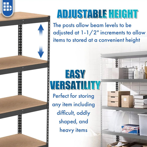 Adjustable height feature of Commercial Grade Four Tier Boltless Shelving Rack Built Like A Tank With Solid 14 Gauge Steel.