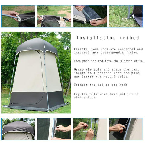 All In One Portable Outdoor Shower Tent Changing Room Privacy Shelter For Camping And Hiking setup instructions and assembled view