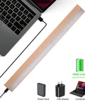Wireless Picture Light With Remote, USB Rechargeable 4000mAh Battery, showing power bank and USB charging adaptor next to laptop.