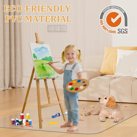 Child painting on an easel with dog on clear chair mat on hardwood floor, showcasing eco-friendly PVC material.