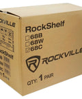 Box labeled 'RockShelf' containing Bookshelf Speakers For Home Theater And Music With 6.5 Inch Kevlar Woofers And 1 Inch Silk Dome Tweeters 8 Ohm.