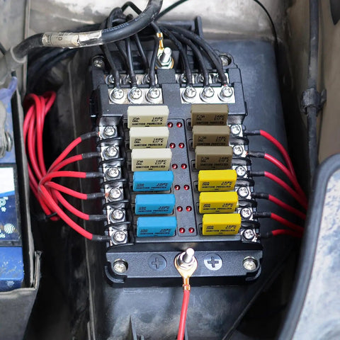 Auto Reset Atc Ato Low Profile Circuit Breaker Kit 12V Dc Six Pack Mixed Amps For Cars Trucks Boats Solar Panels Heavy Duty installed under dashboard.