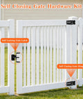 Self Closing Gate Hinge And Latch Kit For Vinyl And Wood Fence Gates Kid Safe Heavy Duty Gate Hardware With Self Locking Latch Adjustable Hinges And Included Screws 2 Latches And 4 Hinges Easy Installation. White vinyl fence gate with black self-locking latch and hinges