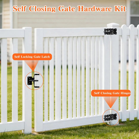 Self Closing Gate Hinge And Latch Kit For Vinyl And Wood Fence Gates Kid Safe Heavy Duty Gate Hardware With Self Locking Latch Adjustable Hinges And Included Screws 2 Latches And 4 Hinges Easy Installation. White vinyl fence gate with black self-locking latch and hinges