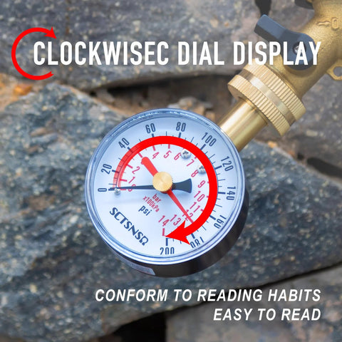 Front view of a 2.5-inch dial water pressure test gauge with 3/4-inch female garden hose thread, black steel case.