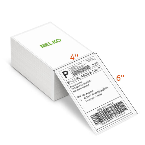 Genuine 4x6 Direct Thermal Shipping Labels For Nelko PL70E Printer 500 Pack showing perforated labels with strong adhesive