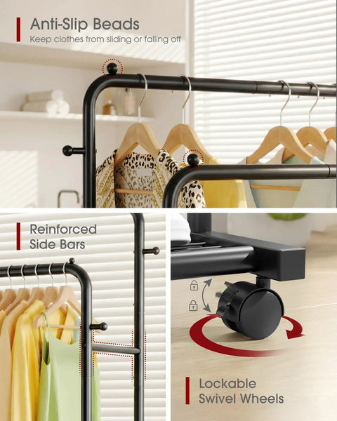 Bulletproof Double Rod Clothes Rack With Wire Mesh Shelves And Storage Hooks Top Tier Steel Garment Stand Supports Up To One Seventy Pounds Matte Black For Everyday Closets