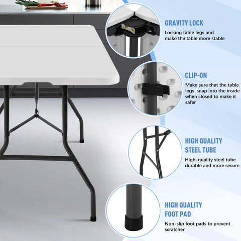 Heavy Duty 6 Foot Folding Table Portable Fold In Half Utility Table For Indoor Outdoor Use With Handle And Lock Sturdy Plastic Top