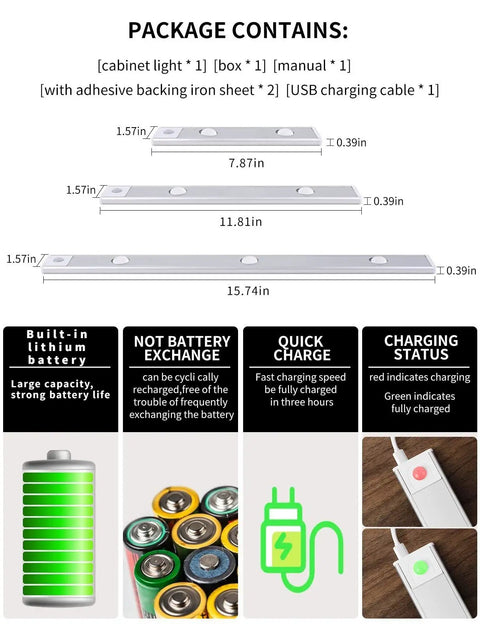 Package contents of LED Under Cabinet Lights With Motion Sensor USB Rechargeable Cat Eye Style Light Bar; sizes and features shown.