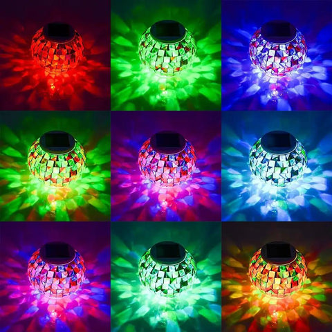 Mosaic globe lamp with colorful lights, showcasing color changing solar powered glass ball lights for outdoor and indoor decor.