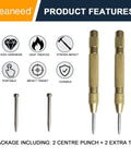 Built Tough Automatic Center Punch 2 Pack Spring Loaded Steel Marking Tool Includes Spare Tips showing two brass punches and extra tips.