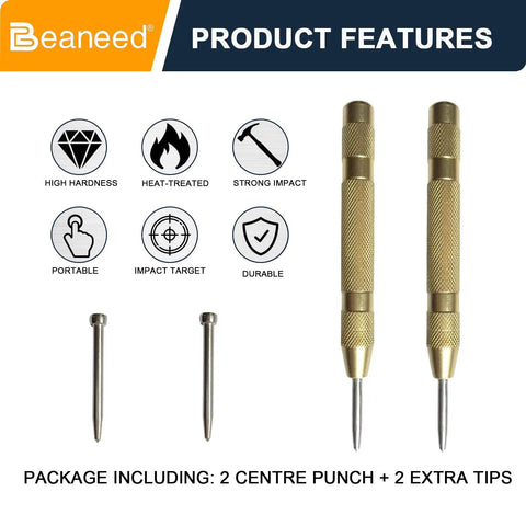 Built Tough Automatic Center Punch 2 Pack Spring Loaded Steel Marking Tool Includes Spare Tips showing two brass punches and extra tips.