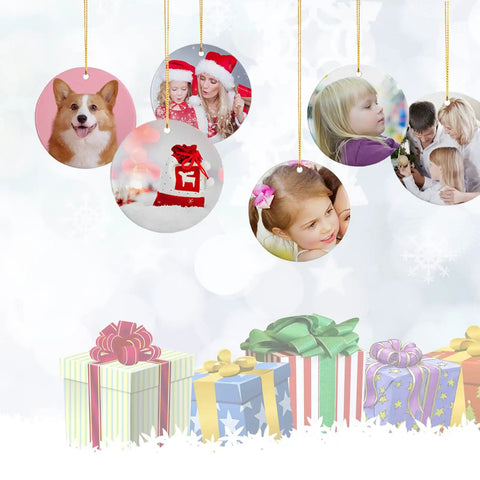 Bulk Pack Of 12 Sublimation Ceramic Ornaments 2.83 Inch Round White Gloss Finish Blank Hanging Ornaments with holiday decor images