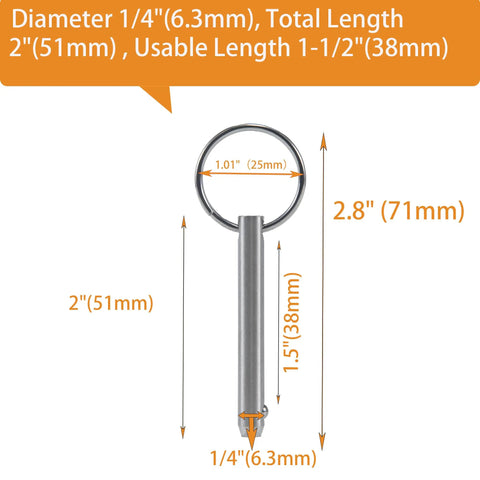 Diagram of Ten Pack Quick Release Pins In Marine Grade 316 Stainless Steel With dimensions, showing length and diameter for marine use.