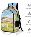 Pinkbreeze Homestead Printed Backpack For Everyday Use Unisex Large Capacity Daypack with house print design and black trim.