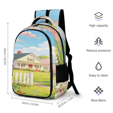 Pinkbreeze Homestead Printed Backpack For Everyday Use Unisex Large Capacity Daypack with house print design and black trim.